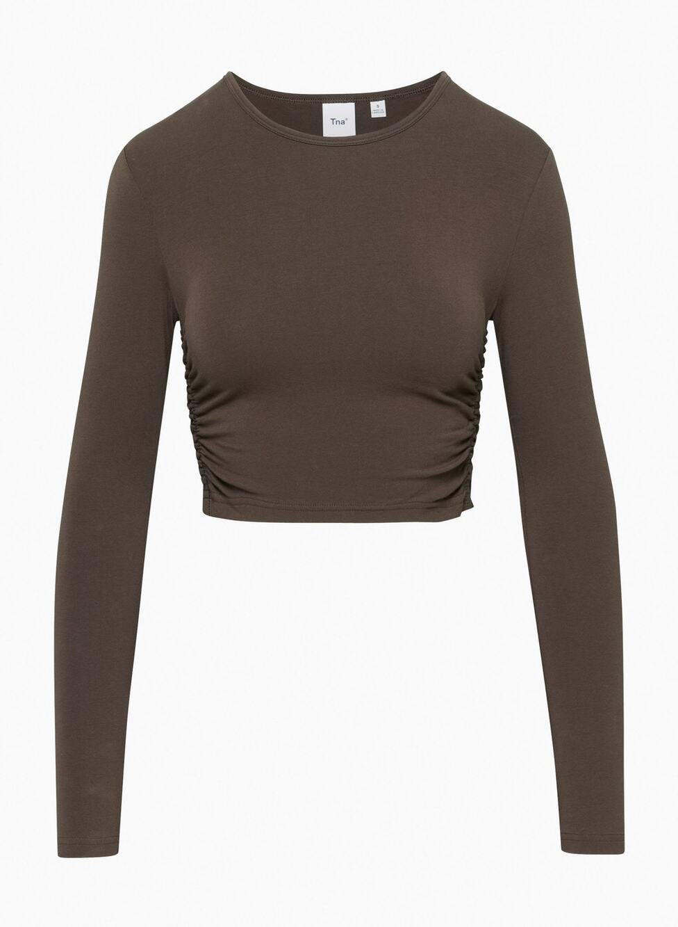 TNA Chill Malibu Cropped Top Rich Mocha Brown Crew Neck Long Sleeve Women's S